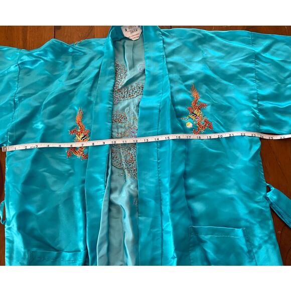 Vintage Golden Dragon Medium Hand Embroidered 100% Silk Chinese Kimono Robe Blue - Picture 9 of 13